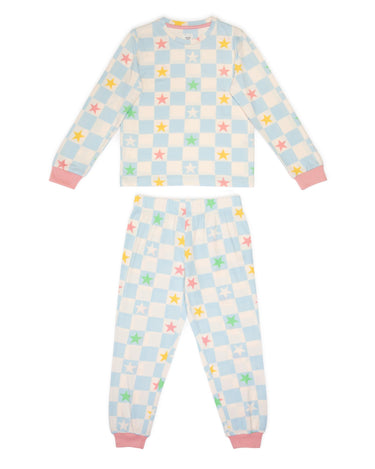 Kids' Blue Checkerboard Star Crewneck Long Pyjama Set
